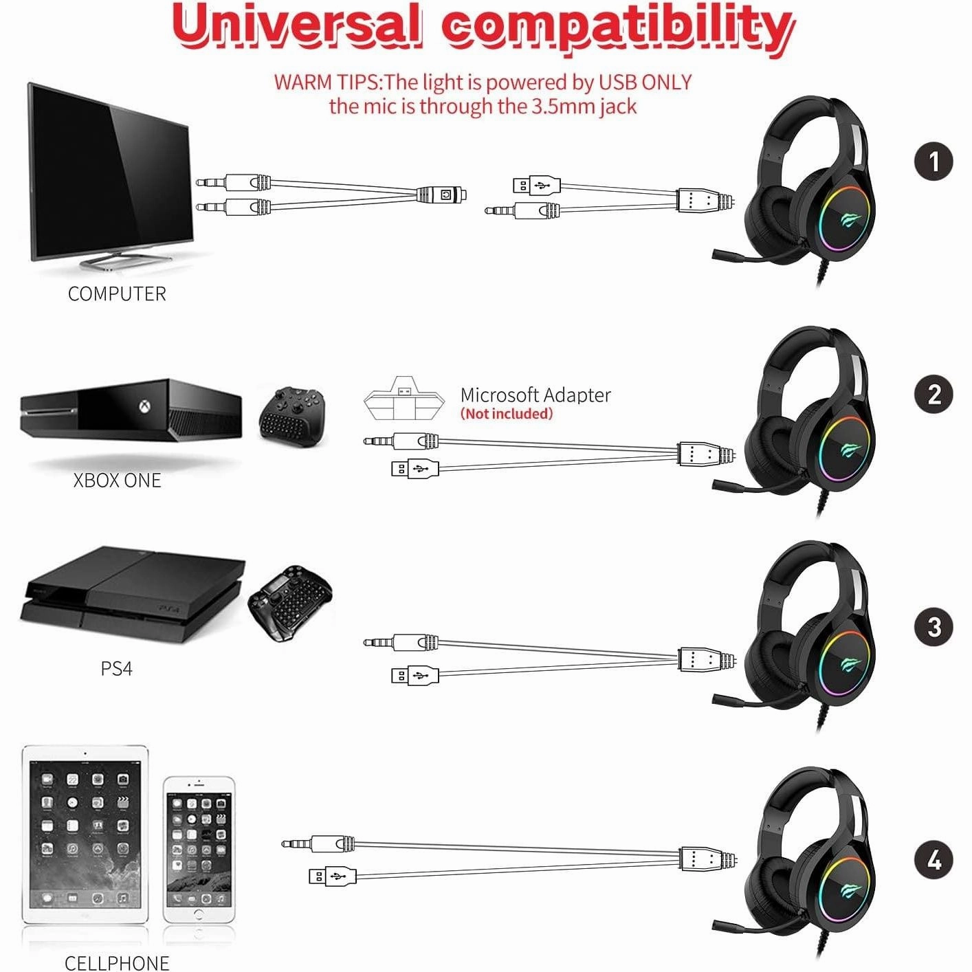 havit RGB Wired Gaming Headset PC USB 3.5mm XBOX / PS4 / PS5 Headsets with 50MM Driver, Surround Sound & HD Microphone, XBOX Computer Laptop, Black