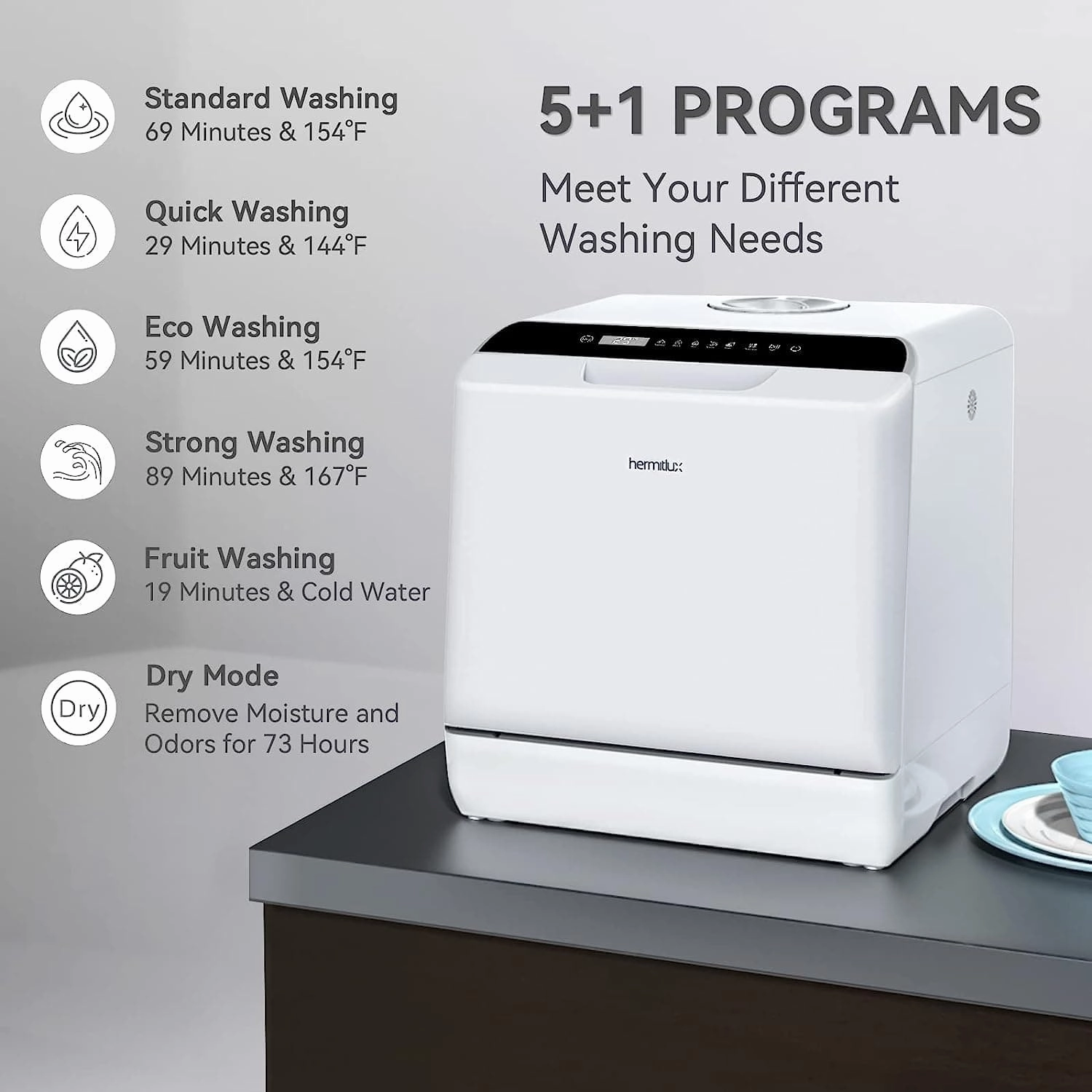 Hermitlux Mini Countertop Dishwasher 4 Place Settings, 5L Tank, 6 Programs, Touch Control, Baby Care & Fruit Wash - White