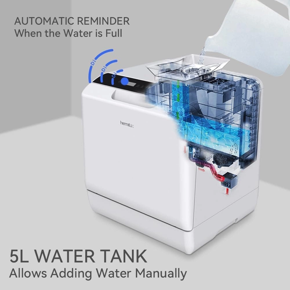 Hermitlux Mini Countertop Dishwasher 4 Place Settings, 5L Tank, 6 Programs, Touch Control, Baby Care & Fruit Wash - White