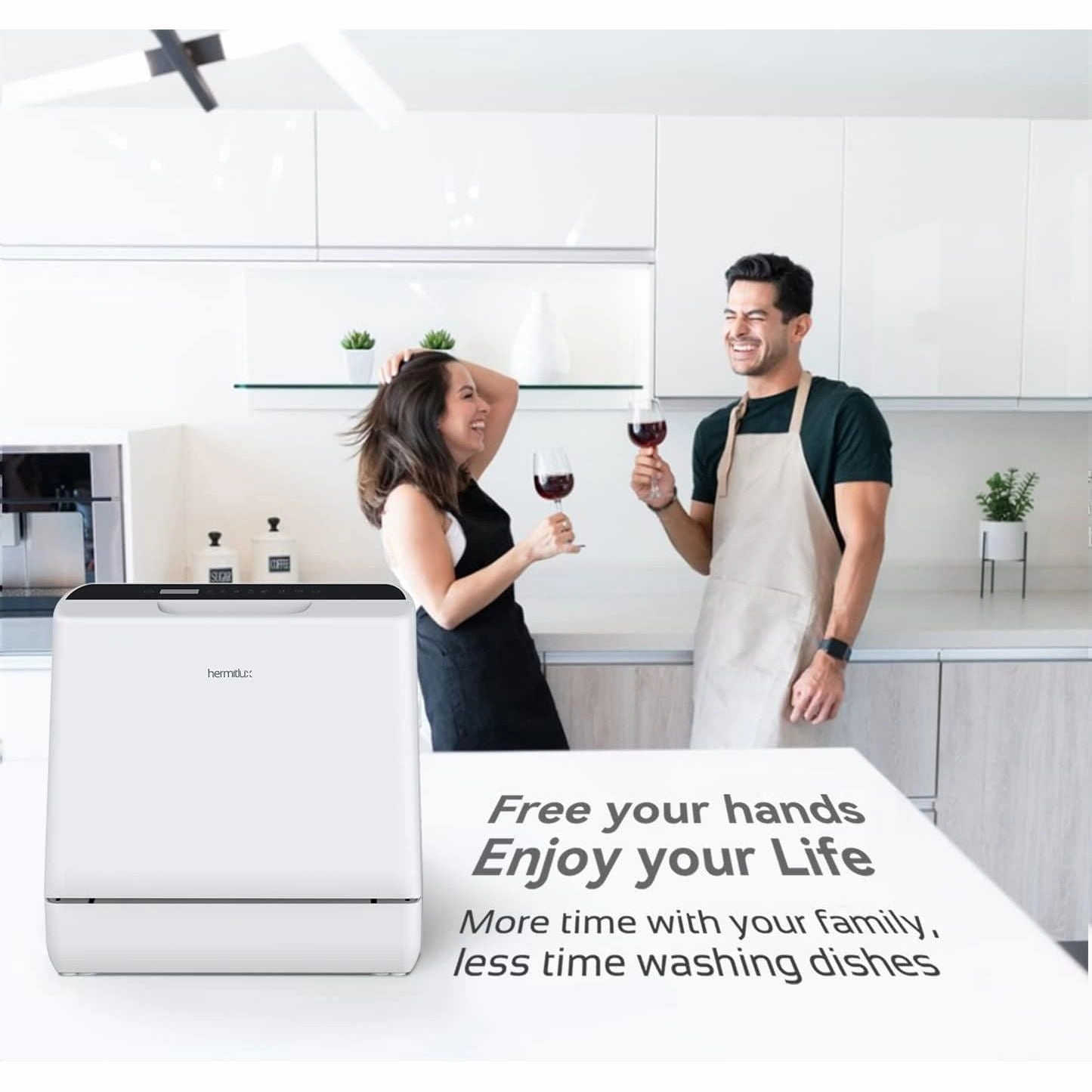 Hermitlux Mini Countertop Dishwasher 4 Place Settings, 5L Tank, 6 Programs, Touch Control, Baby Care & Fruit Wash - White