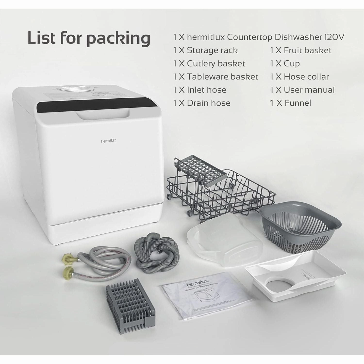 Hermitlux Mini Countertop Dishwasher 4 Place Settings, 5L Tank, 6 Programs, Touch Control, Baby Care & Fruit Wash - White