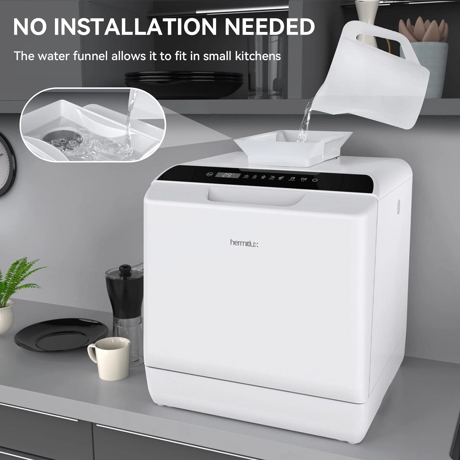 Hermitlux Mini Countertop Dishwasher 4 Place Settings, 5L Tank, 6 Programs, Touch Control, Baby Care & Fruit Wash - White