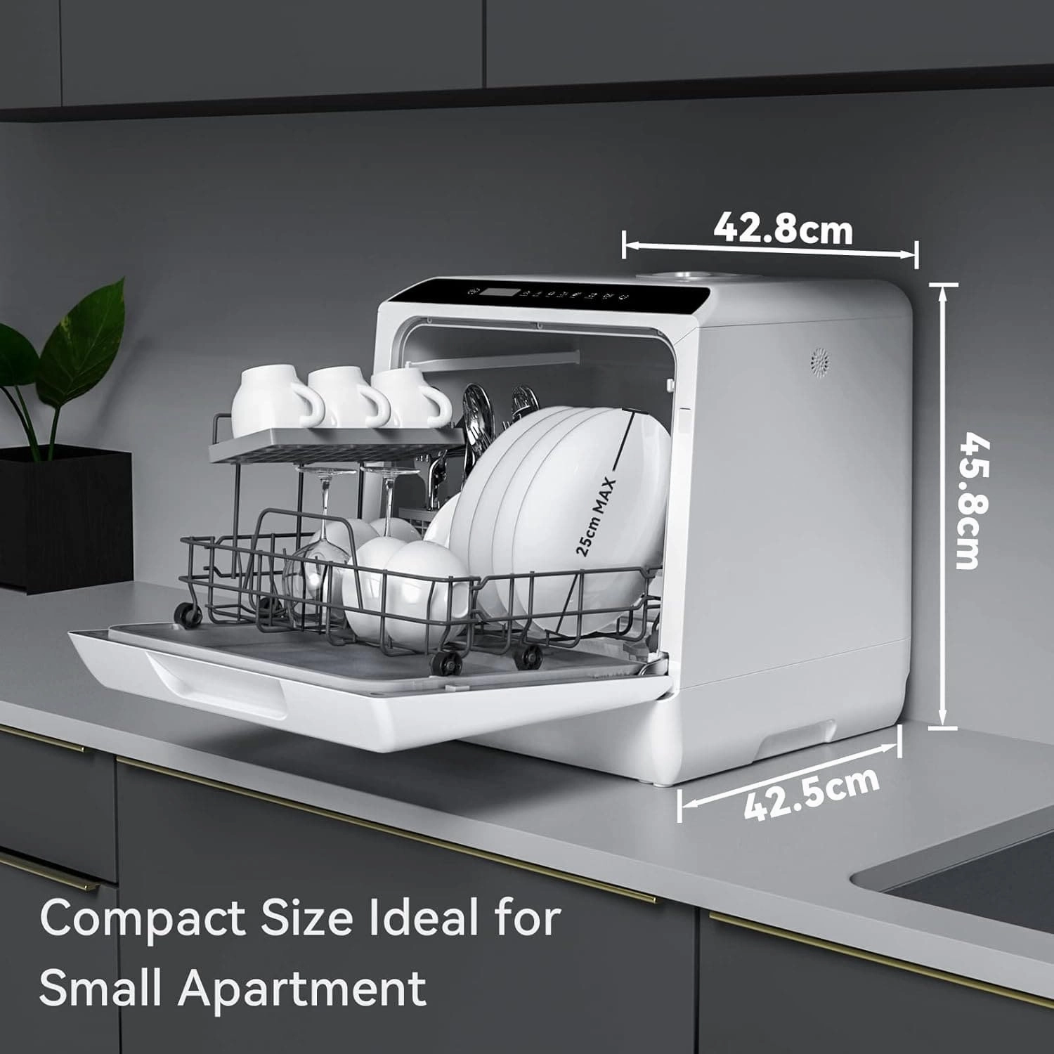 Hermitlux Mini Countertop Dishwasher 4 Place Settings, 5L Tank, 6 Programs, Touch Control, Baby Care & Fruit Wash - White
