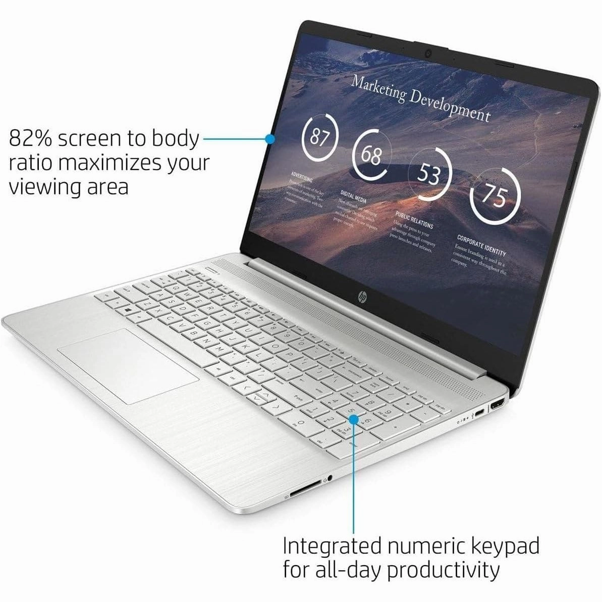 HP Laptop PC 15s-fq0028na - Intel Pentium Silver N5030 Processor - 4GB RAM - 128GB SSD - 15.6 inch HD display - Windows 11 Home - Natural Silver