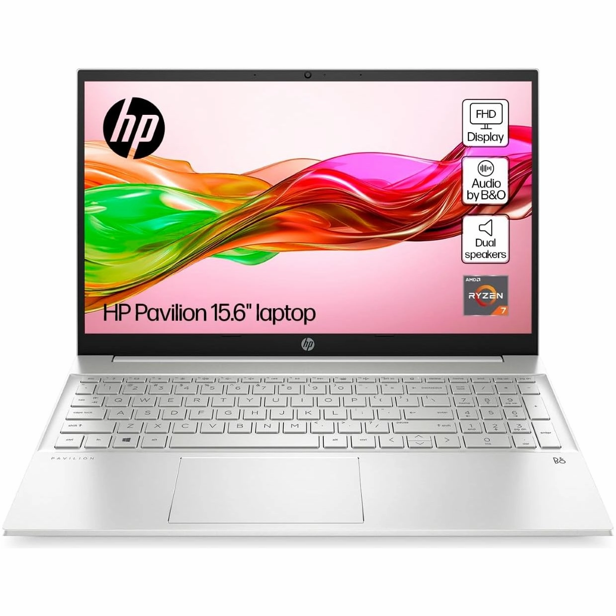 HP Pavilion 15.6" Laptop, AMD Ryzen 7 7730H, 16GB RAM, 512GB SSD, Radeon Graphics, FHD Display, Win 11, B&O Audio, Natural Silver (15-eh3000sa)