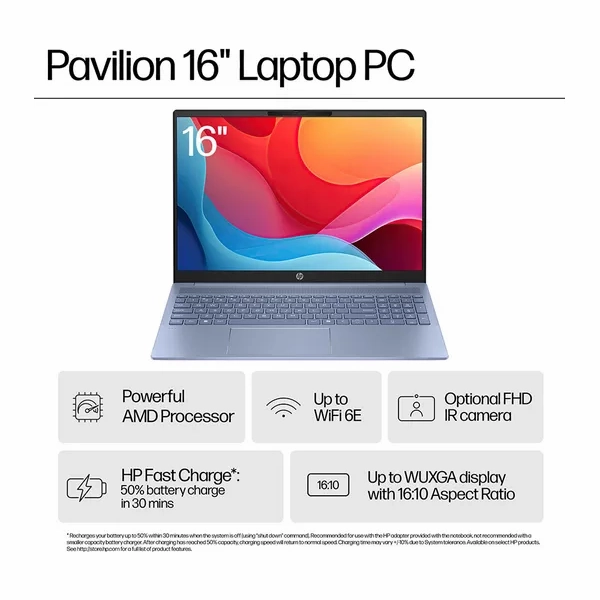 HP Pavilion 16-ag0508sa 16" Laptop - AMD Ryzen 5, 512 GB SSD, Sky Blue [Comes with 3rd party Charger]