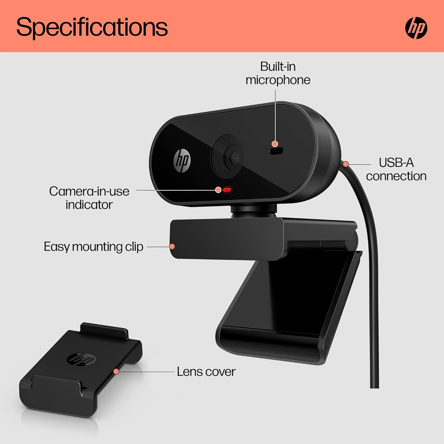 HP PC Webcam 320, 1080p FHD, Compatible with Chrome, Auto Light Corrector, Built-in Microphone, 66 Degree Wide Angle Field of View, Support with 360 Degree Swivel Clip [Black]