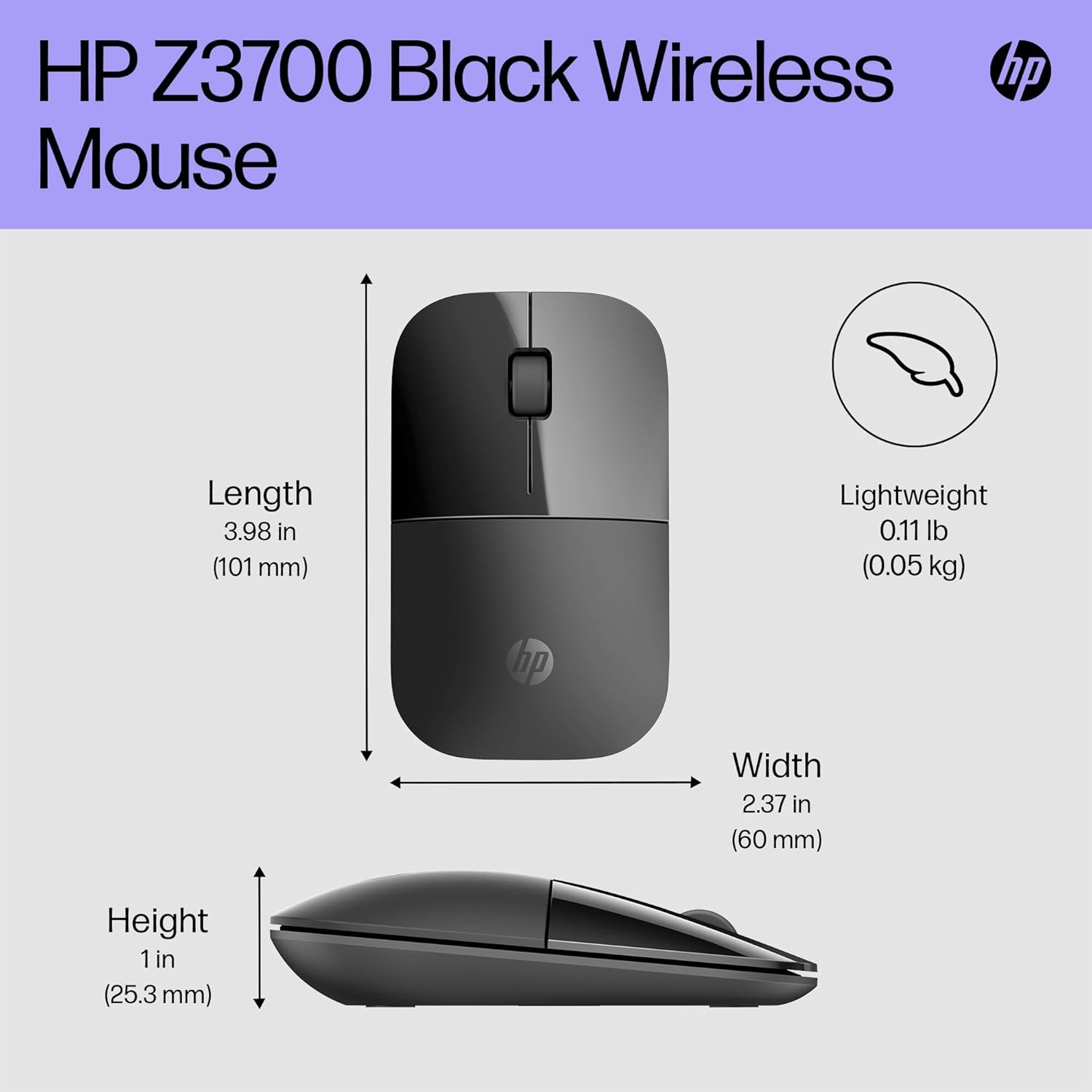 HP Z3700 Wireless Mouse C Slim, 2.4GHz Connectivity, 1200 DPI Optical Sensor, Multi-Surface, Blue LED, Up to 16-Month Battery Life C Black