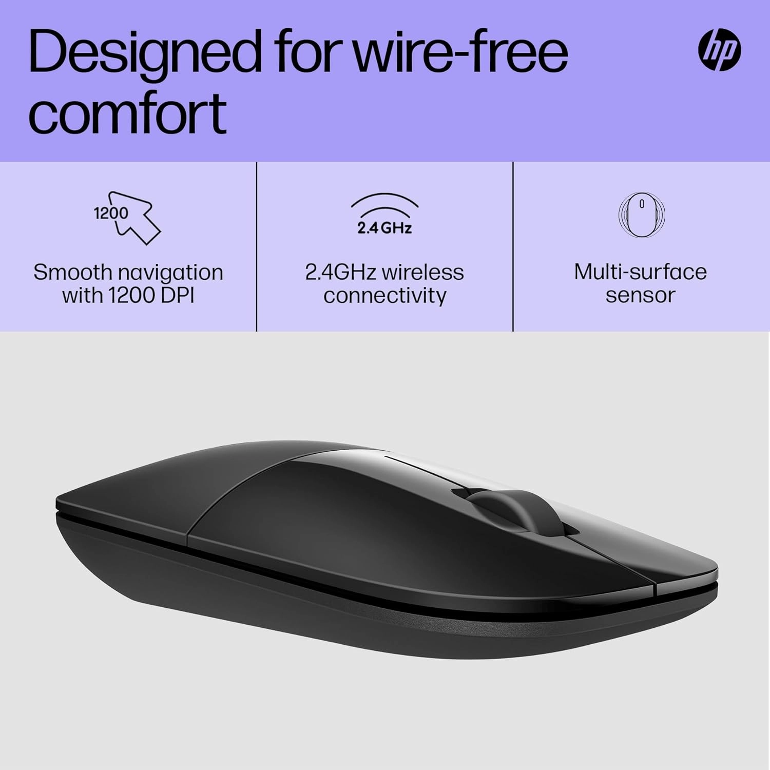 HP Z3700 Wireless Mouse C Slim, 2.4GHz Connectivity, 1200 DPI Optical Sensor, Multi-Surface, Blue LED, Up to 16-Month Battery Life C Black