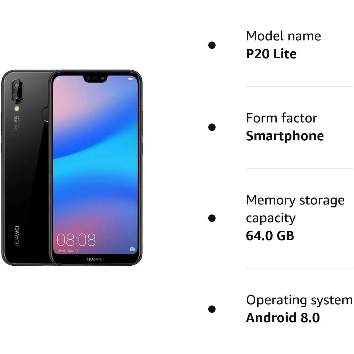 Huawei P20 Lite 4G 128GB Storage 4GB RAM Dual Sim - Black - Unlocked