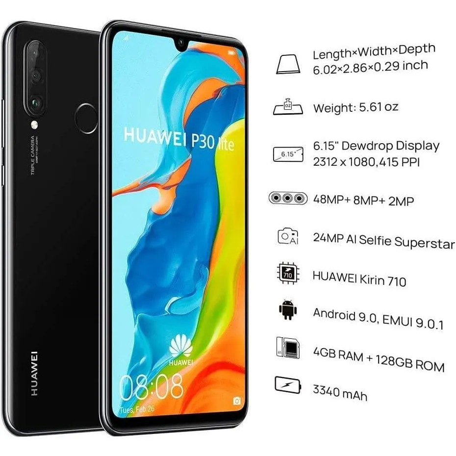 Huawei P30 Lite 128GB Black Sim-Free Unlocked Mobile Phone