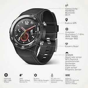 HUAWEI Watch 2 Sport Smartwatch, Fitness and Activities Tracker with Built-in GPS, Heart Rate, Music, Smart Notificatons, IP68-Life Waterproof - Black