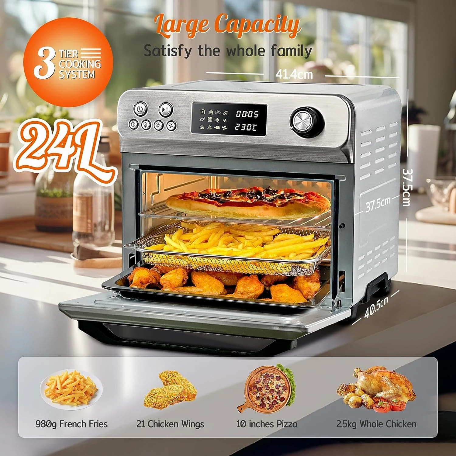 HYSapientia 24L Air Fryer Oven With Rotisserie Large XXL Digital Knob 1800W 10 in 1 airfryer Countertop Convection Mini Oven electric and grill, Double-layered Glass Door