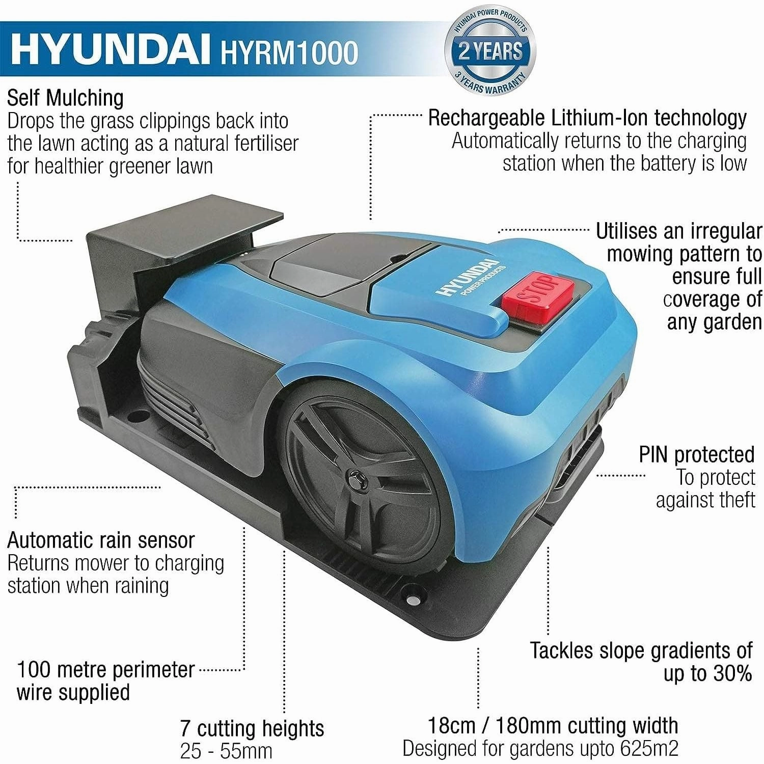 Hyundai Robot Lawnmower, 625sq Metre, 180mm Cutting Width, 7 Cutting Heights, Self-mulching, Smart Mowing Functionality Robot Mower