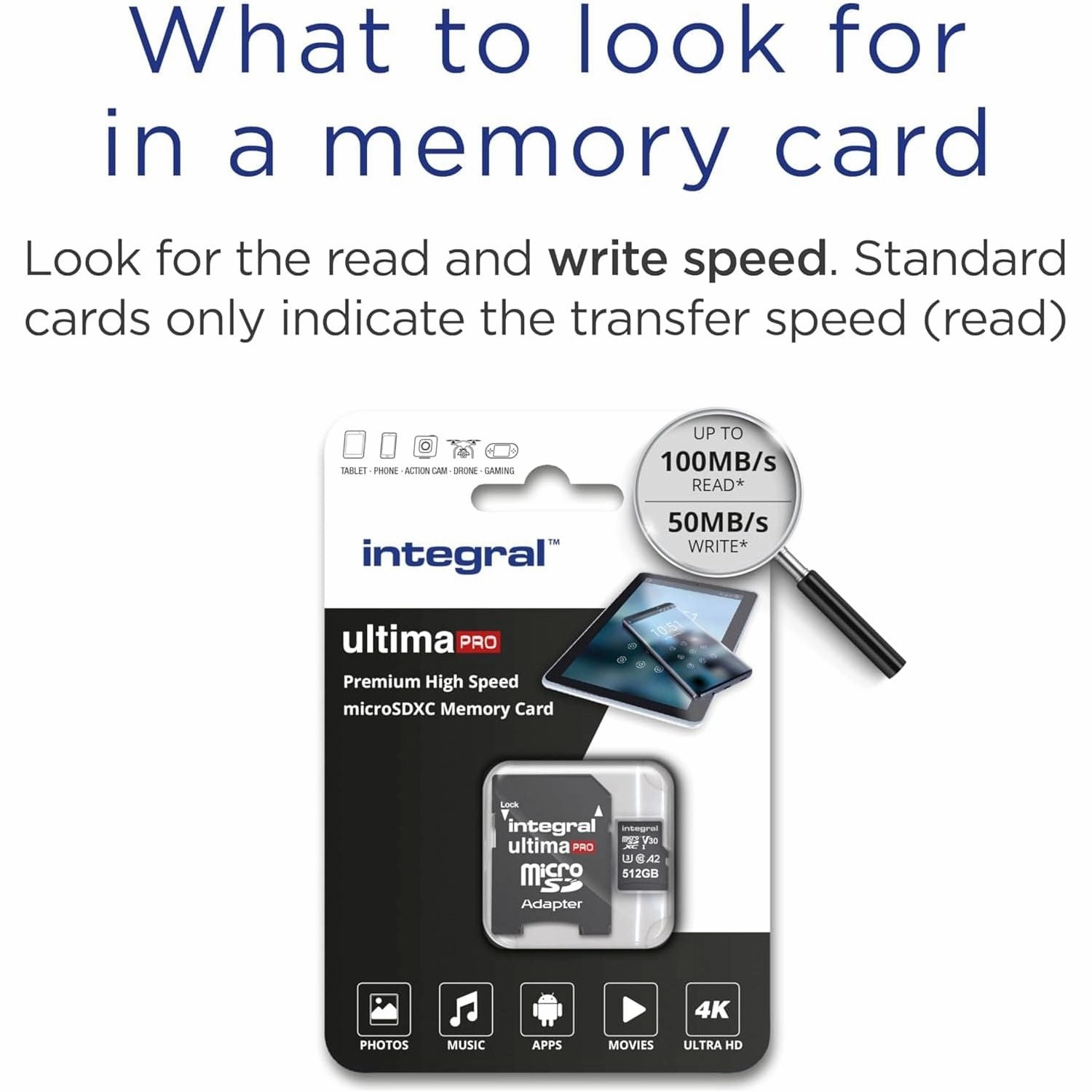 Integral 512GB Micro SD Card 4K Video Premium High Speed Memory Card SDXC Up to 100MB s Read Speed and 50MB s Write speed V30 C10 U3 UHS-I A2