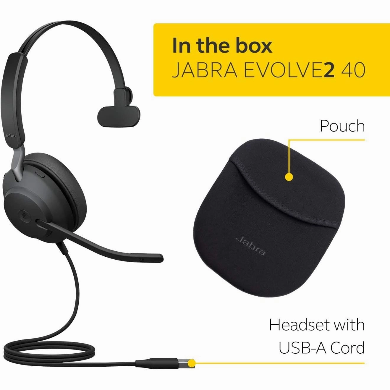 Jabra Evolve2 40 PC Headset  Noise Cancelling Microsoft Teams Certified Mono Headphones With 3-Microphone Call Technology  USB-A Cable  Black