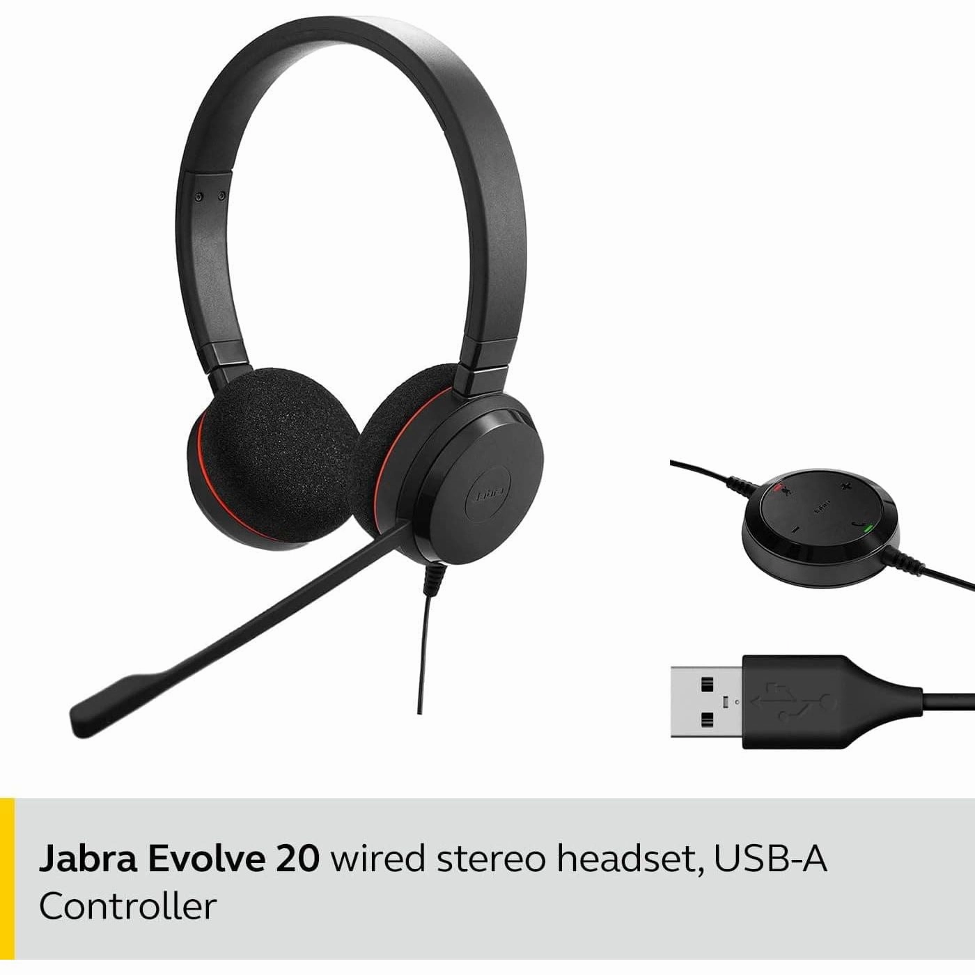 Jabra Evolve 20 Stereo Headset  Microsoft Certified Headphones for VoIP Softphone with Passive Noise Cancellation  USB-Cable with Controller  Black