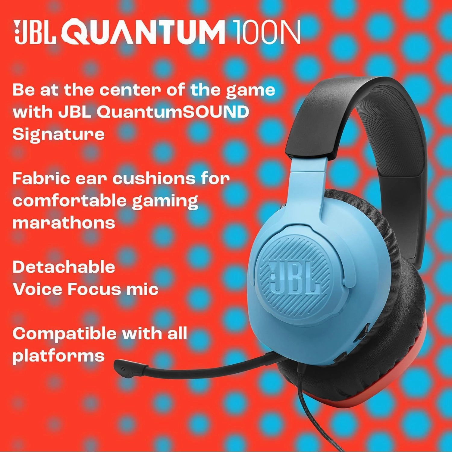 JBL Quantum 100N Wired Gaming Headset - Detachable Mic, QuantumSOUND, Memory Foam, Multi-Platform, Blue/Red