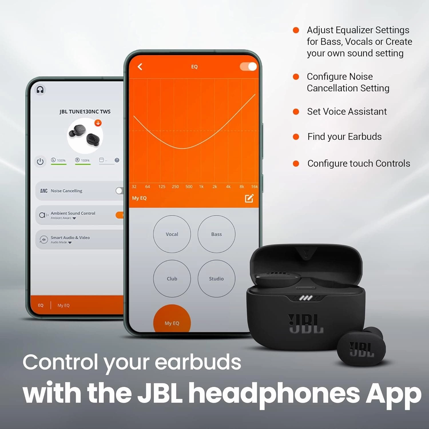 JBL Tune 130NC TWS In-Ear Headphones - True Wireless Bluetooth headphones in charging case with Active Noise Cancelling and up to 40 hours battery life - Black