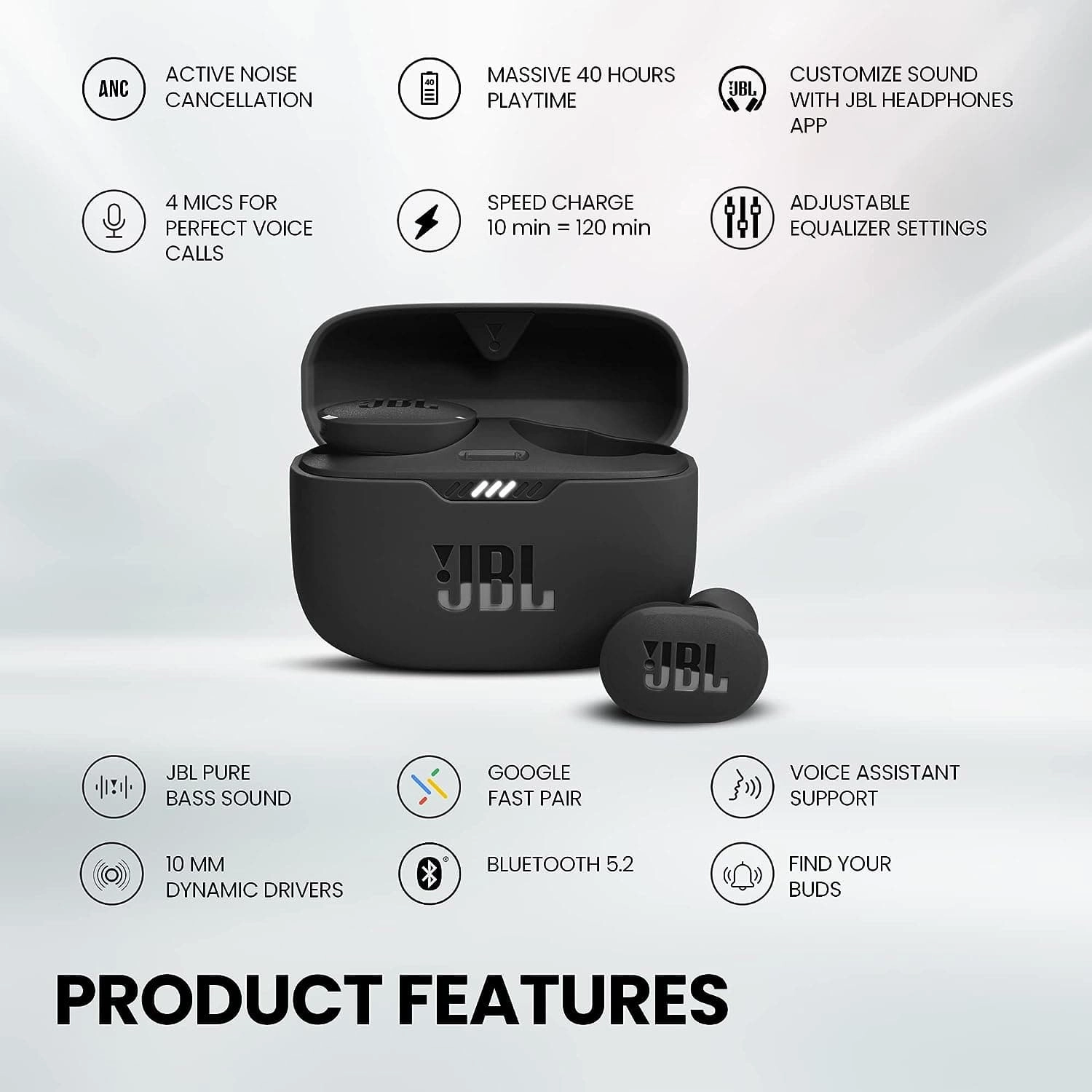 JBL Tune 130NC TWS In-Ear Headphones - True Wireless Bluetooth headphones in charging case with Active Noise Cancelling and up to 40 hours battery life - Black