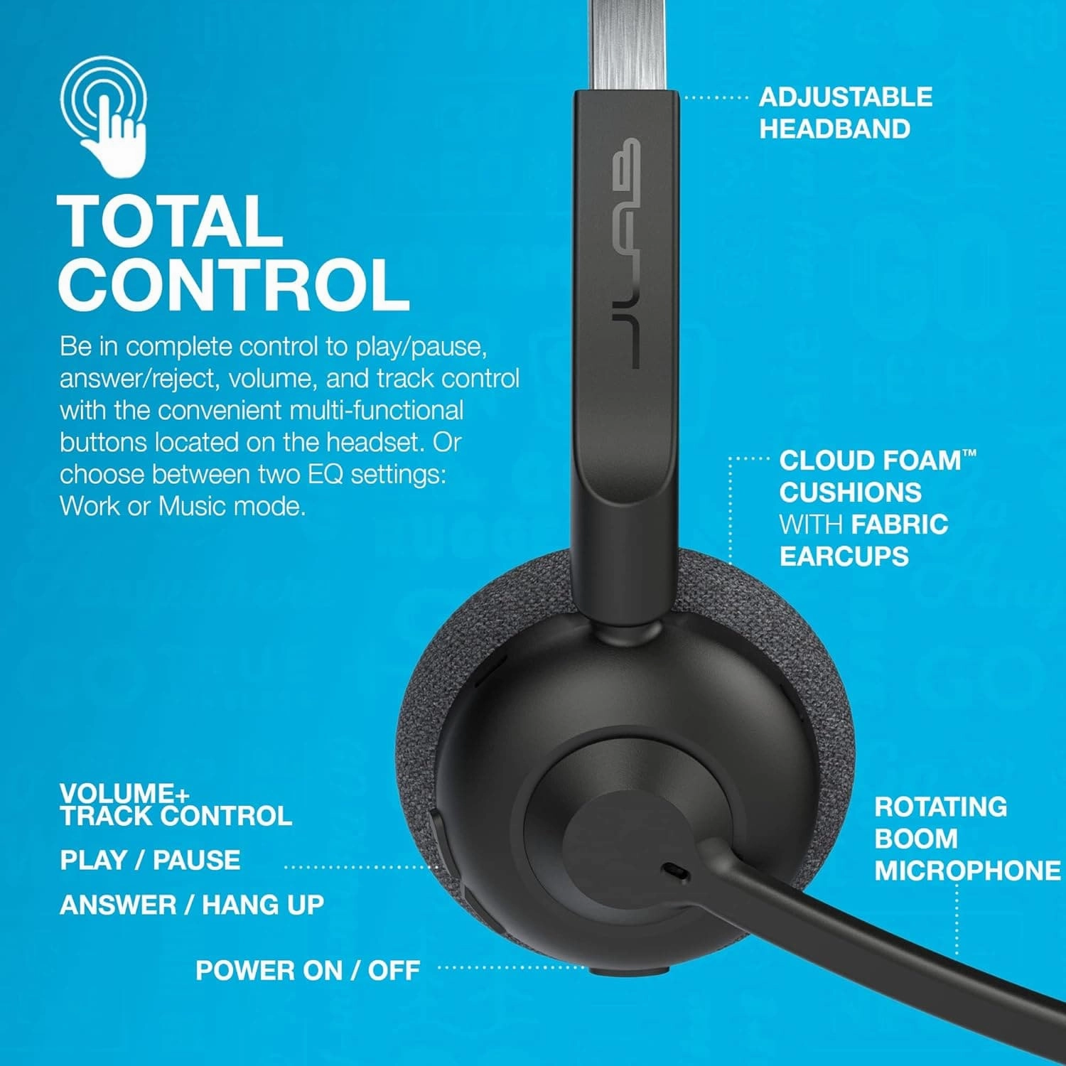 JLab Go Work Pop Wireless Headsets with Microphone for Laptop, 50  Hr Playtime Bluetooth PC Headset, Multipoint Connect to Computer & Mobile, On Ear Wireless Headphones with Microphone, Black