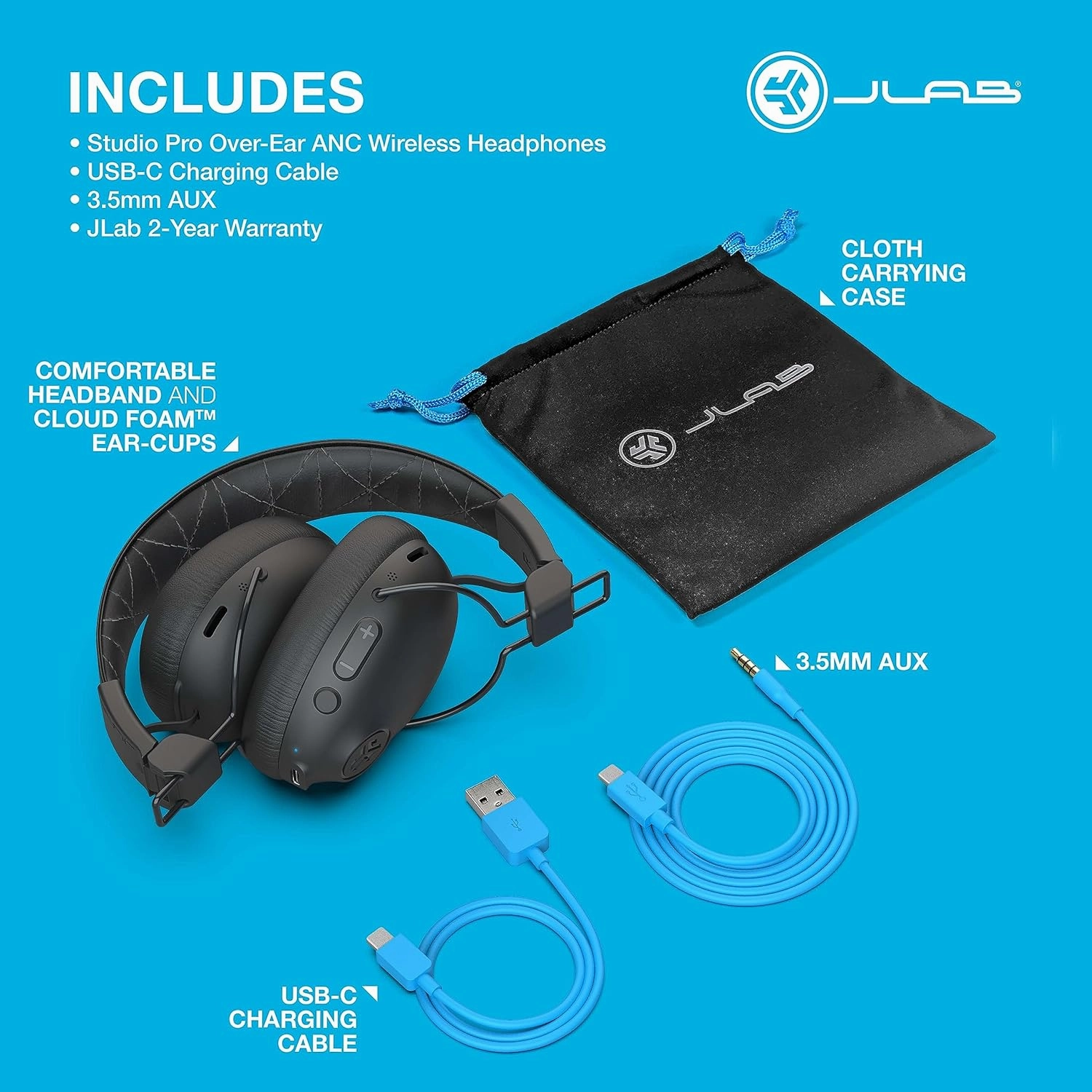JLab Studio Pro ANC Over-Ear Wireless Headphones - Black