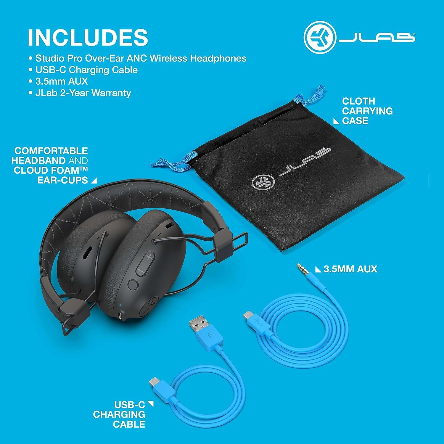 JLab Studio Pro ANC Over-Ear Wireless Headphones - Black