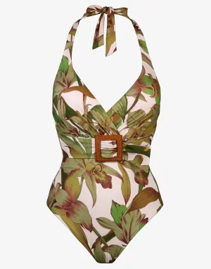 Journey Belted Halterneck Swimsuit - Cream Reed