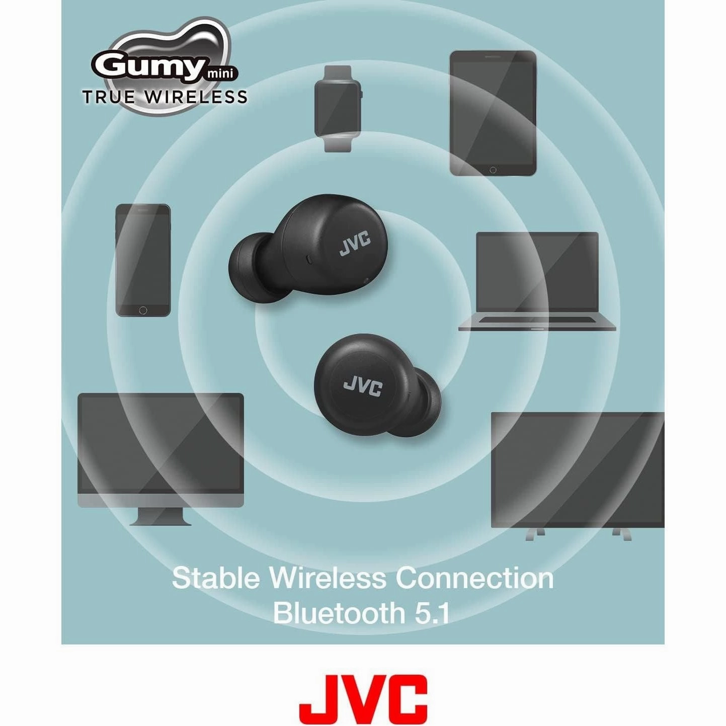 JVC Gumy Mini Earbuds - Wireless, Bluetooth 5.1, IPX4 Water Resistant, 15-Hour Battery, Lightweight - HA-Z55T-B Black