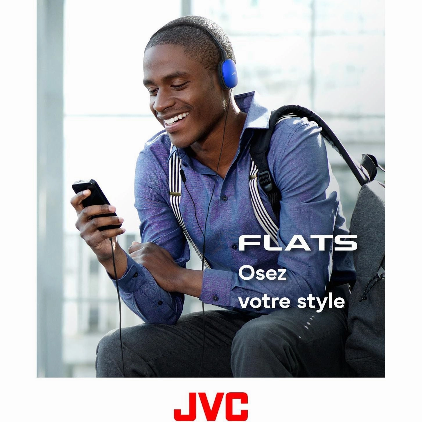 JVC HA-S160M-A Flats Foldable Compact Headphones - Glossy Blue, On/Off Microphone Switch, Perfect for Teleworking & Online Seminars