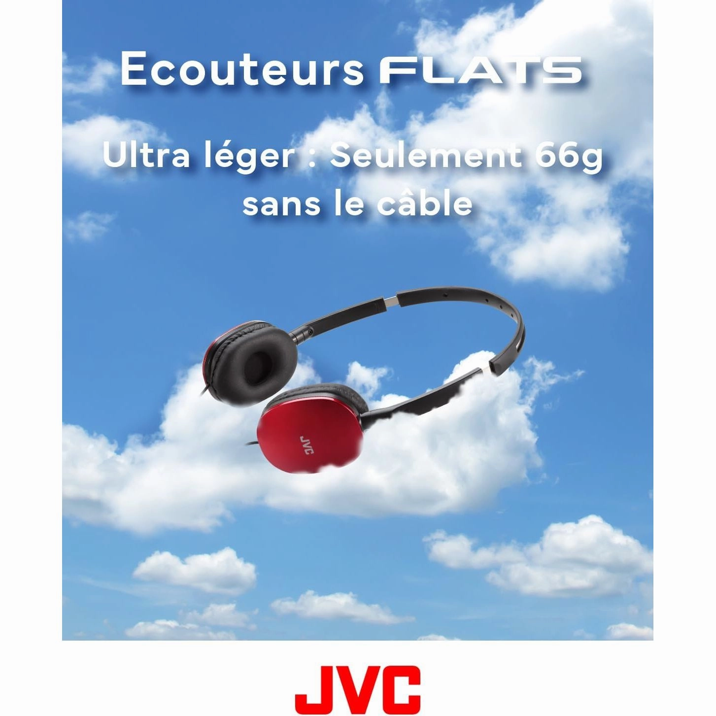 JVC HA-S160M-R Flats Foldable Compact Headphones - Glossy Red, On/Off Microphone Switch, Ideal for Teleworking & Online Seminars