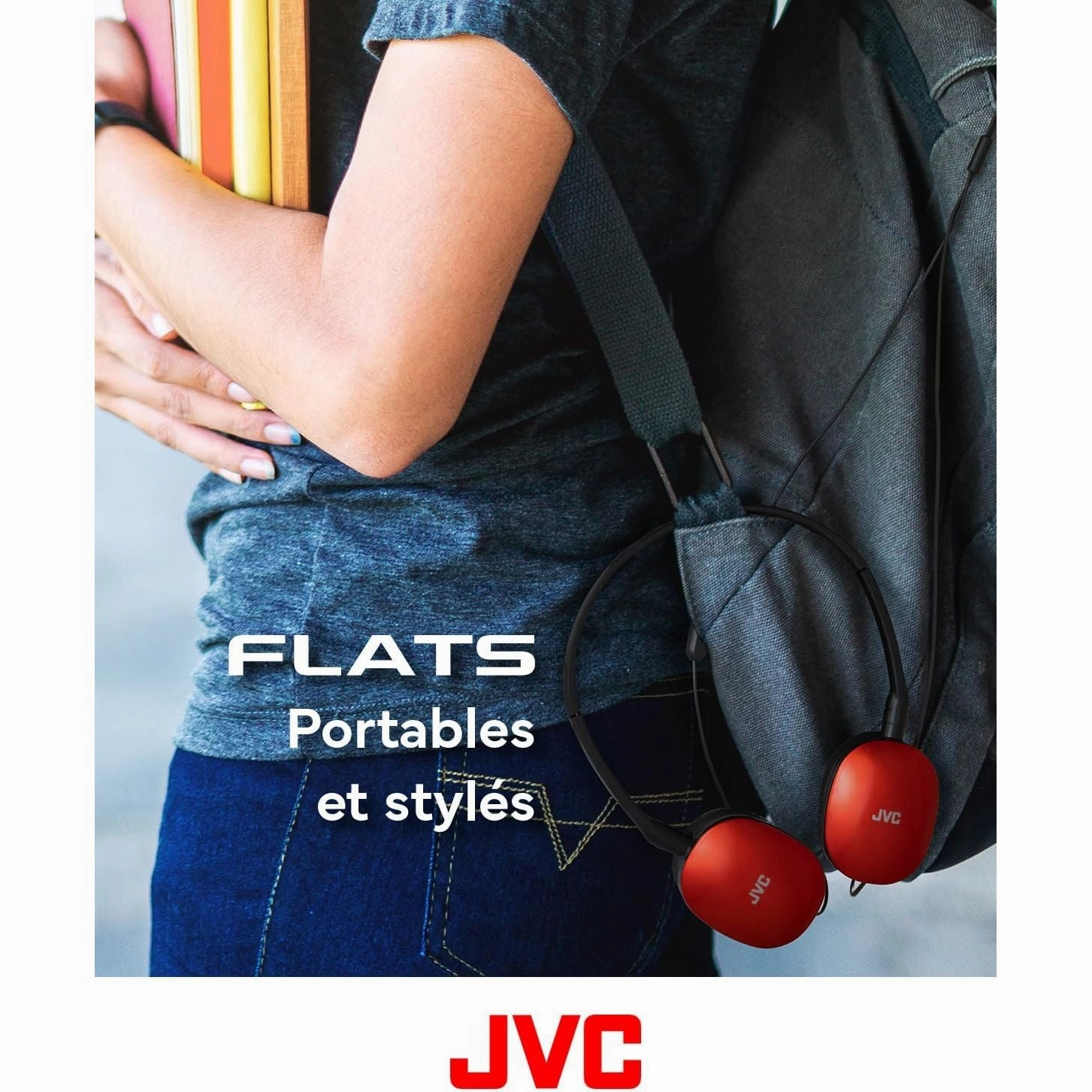 JVC HA-S160M-R Flats Foldable Compact Headphones - Glossy Red, On/Off Microphone Switch, Ideal for Teleworking & Online Seminars