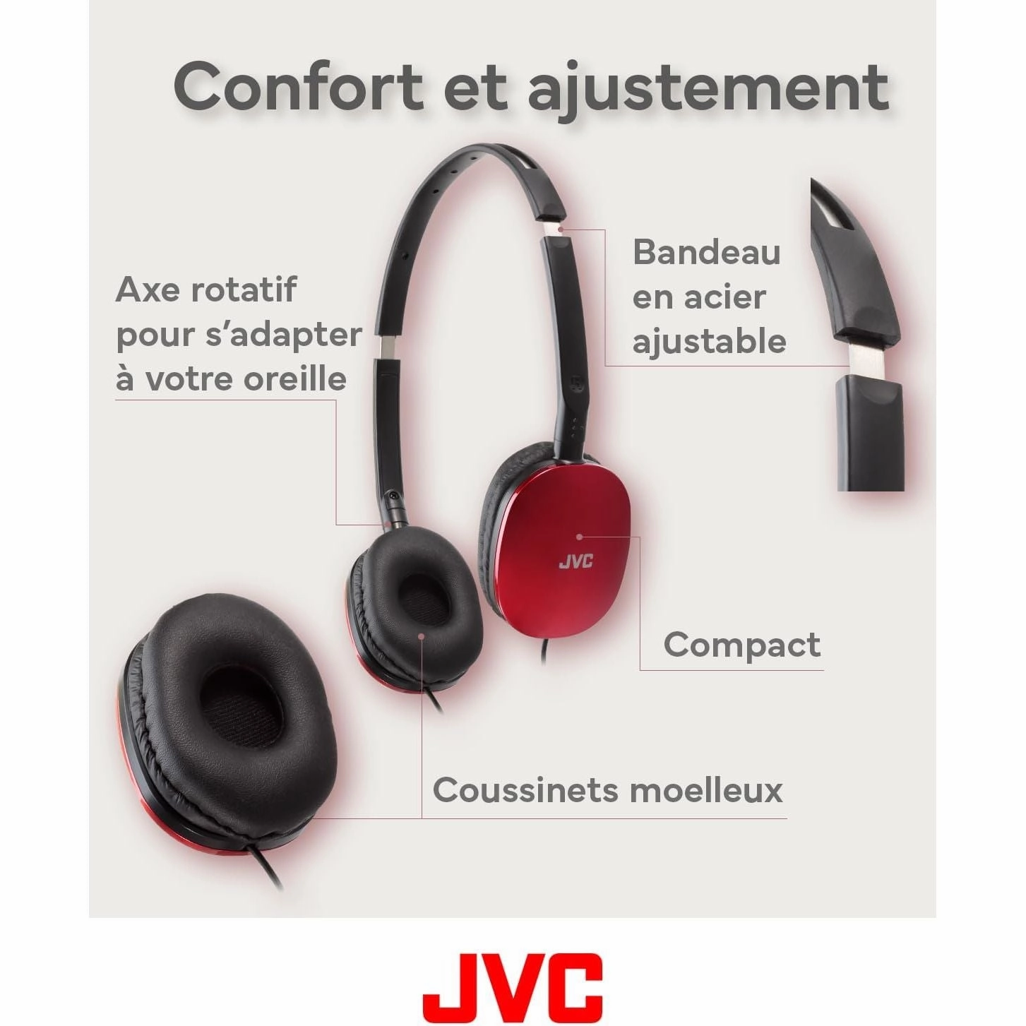 JVC HA-S160M-R Flats Foldable Compact Headphones - Glossy Red, On/Off Microphone Switch, Ideal for Teleworking & Online Seminars