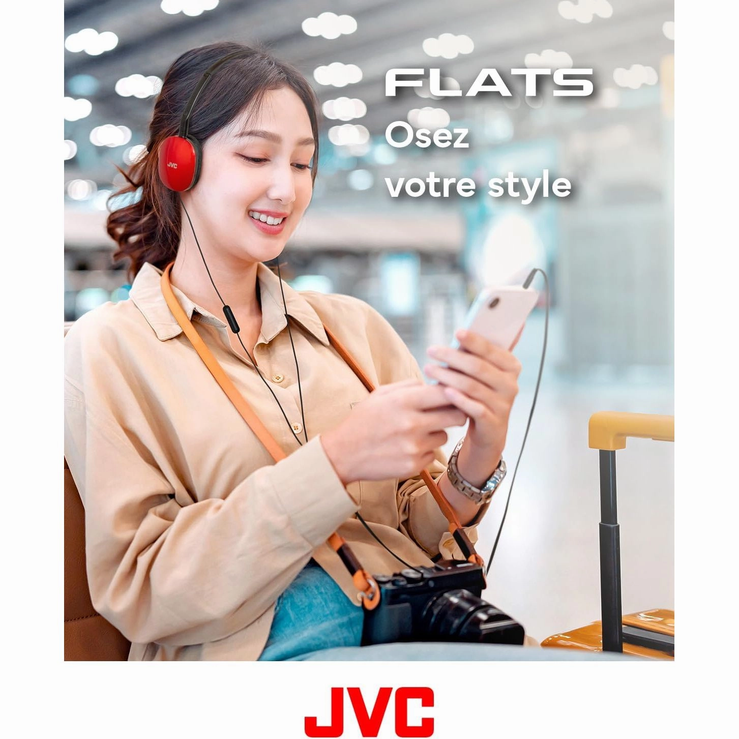 JVC HA-S160M-R Flats Foldable Compact Headphones - Glossy Red, On/Off Microphone Switch, Ideal for Teleworking & Online Seminars