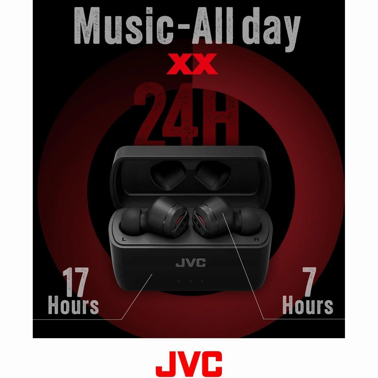 JVC HA-XC62T XX True Wireless Earbuds, 24 Hours Playtime, Water, Dust and Shock Proof, Black & Red