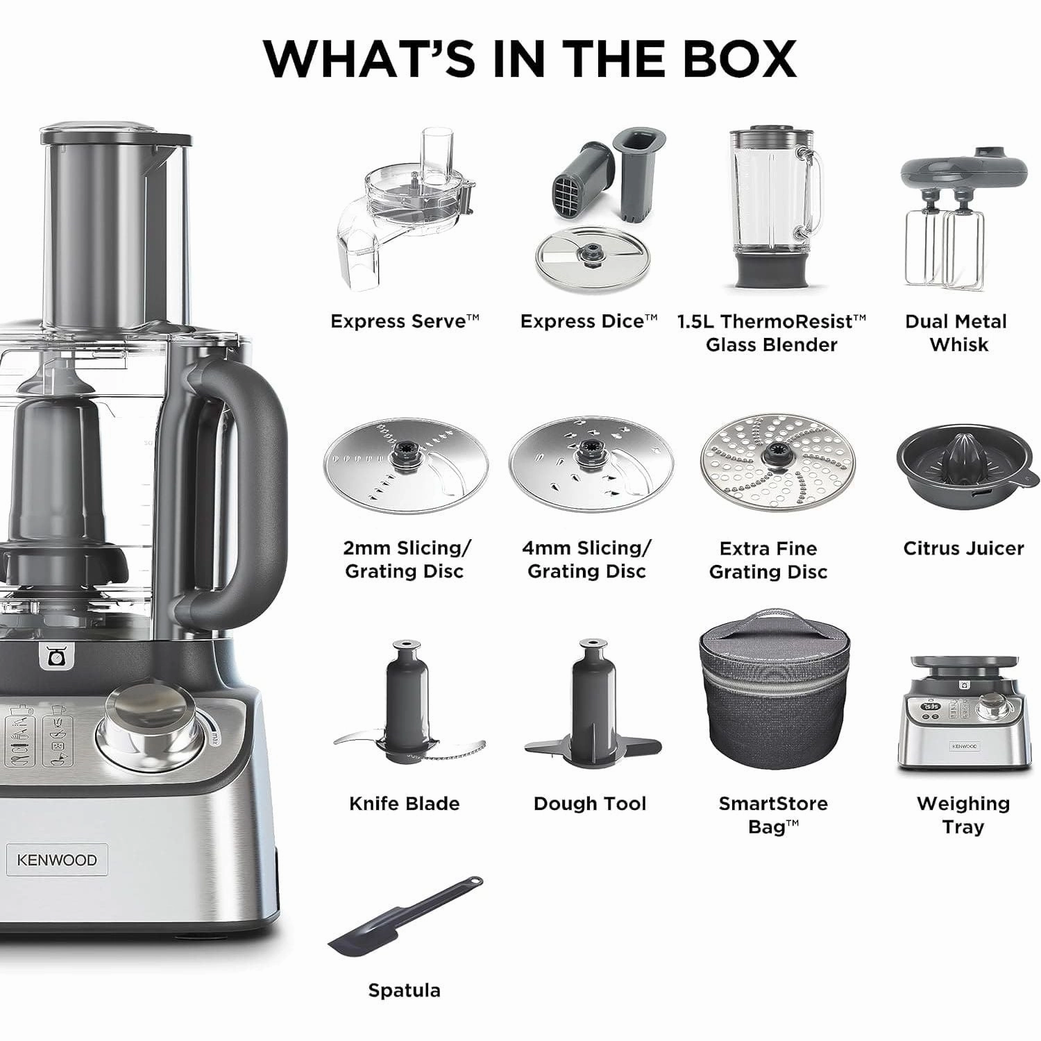 Kenwood MultiPro Express Weigh Food Processor, 8 Processing Tools, Variable Speed with Pulse Function, Integrated Digital Scales, Capacity 3L