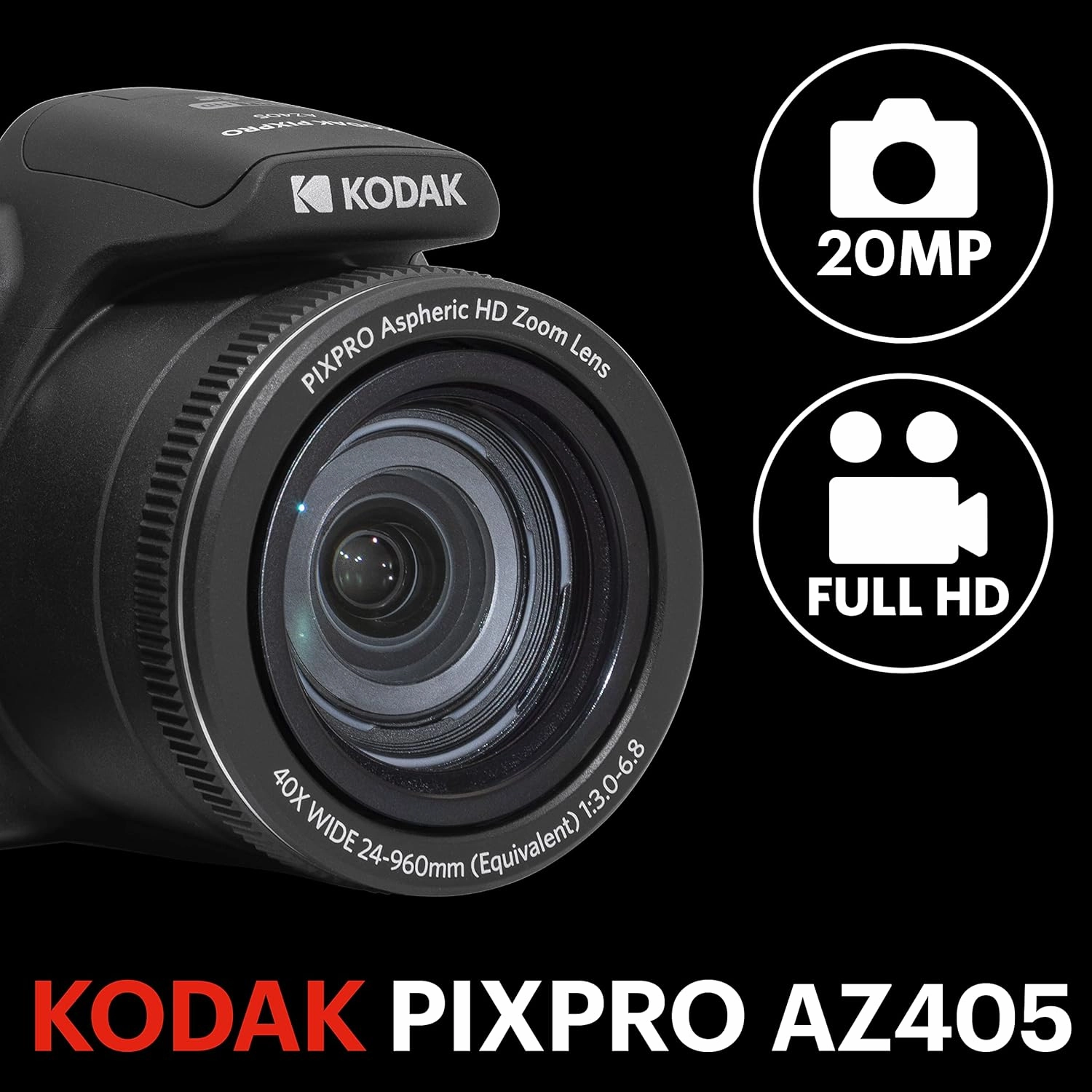 KODAK Pixpro Astro Zoom AZ405 - Digital Bridge Camera, 42x Zoom, 24 mm Wide-angle Lens, 20 Megapixels, 3" LCD Display, 1080p Full HD Video, OIS, AA Battery - Black