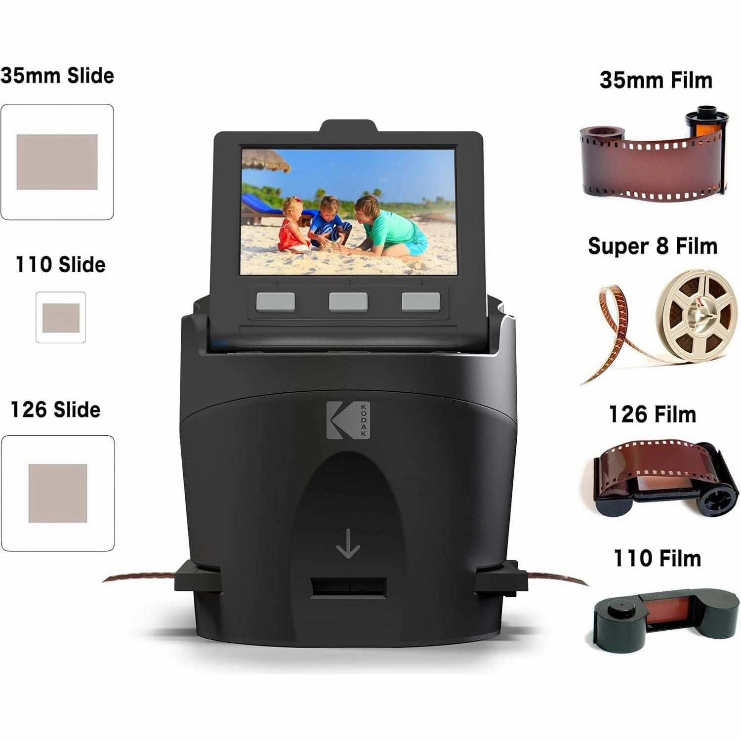 Kodak RODFS35 SCANZA Digital Film Scanner - Converts 35mm, 126, 110, Super 8 & 8mm Film to JPEG, 3.5" Tilt-Up LCD, EasyLoad Inserts, Black