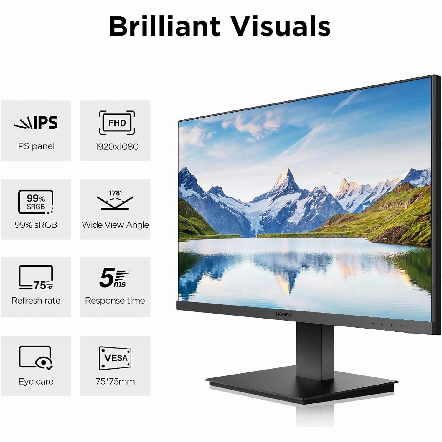 KOORUI 27 Inch FHD Monitor, IPS Computer Monitors, 75Hz, 5ms, 16:9 Full HD (1920 x 1080), VESA Mountable, HDMI/VGA, Low Blue Light, 99% SRGB