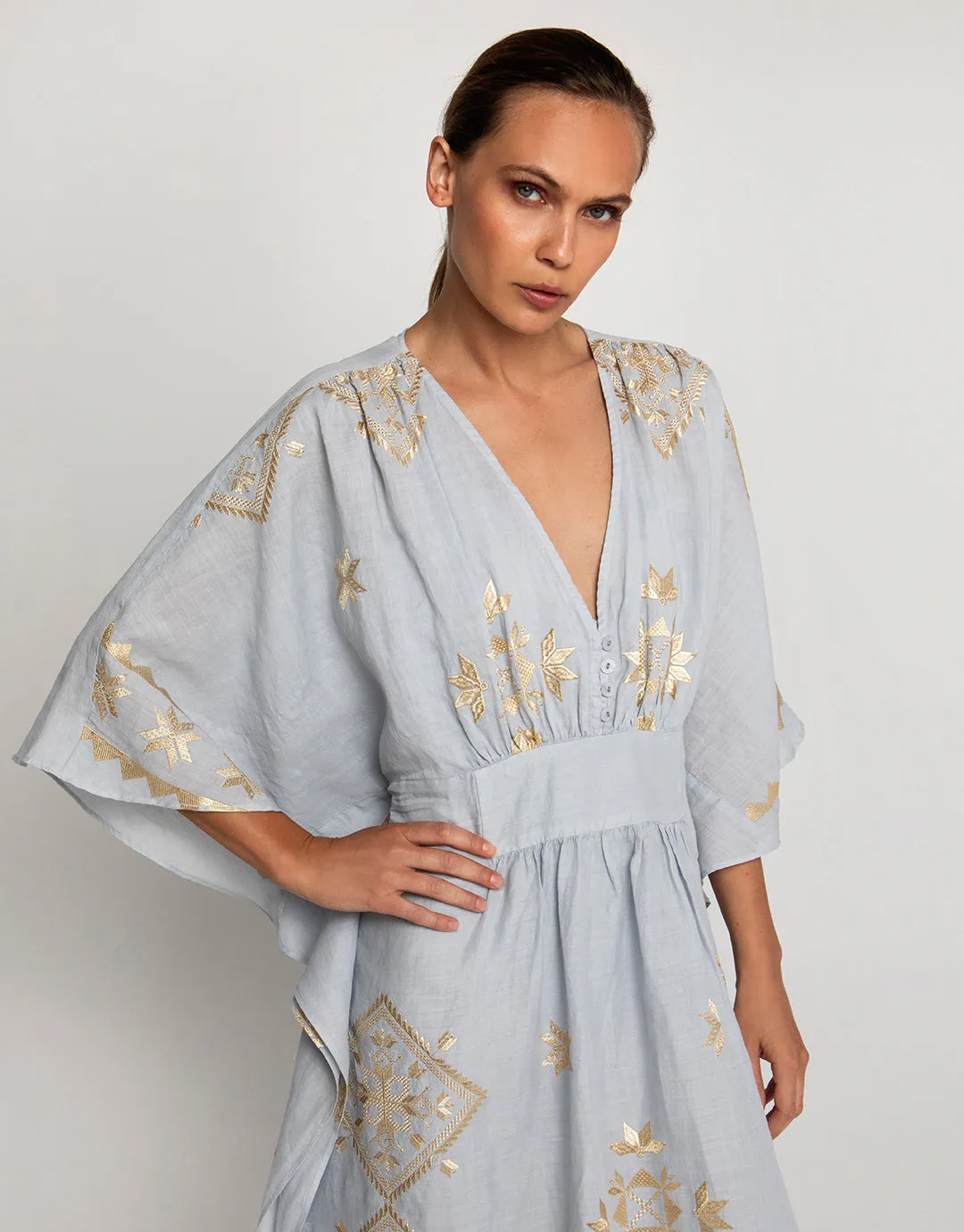 Lefkada Kimono Sleeve Maxi Kaftan - Light Grey and Gold