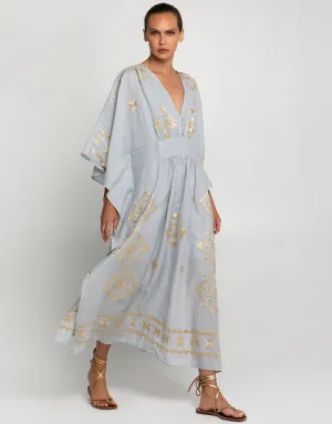 Lefkada Kimono Sleeve Maxi Kaftan - Light Grey and Gold