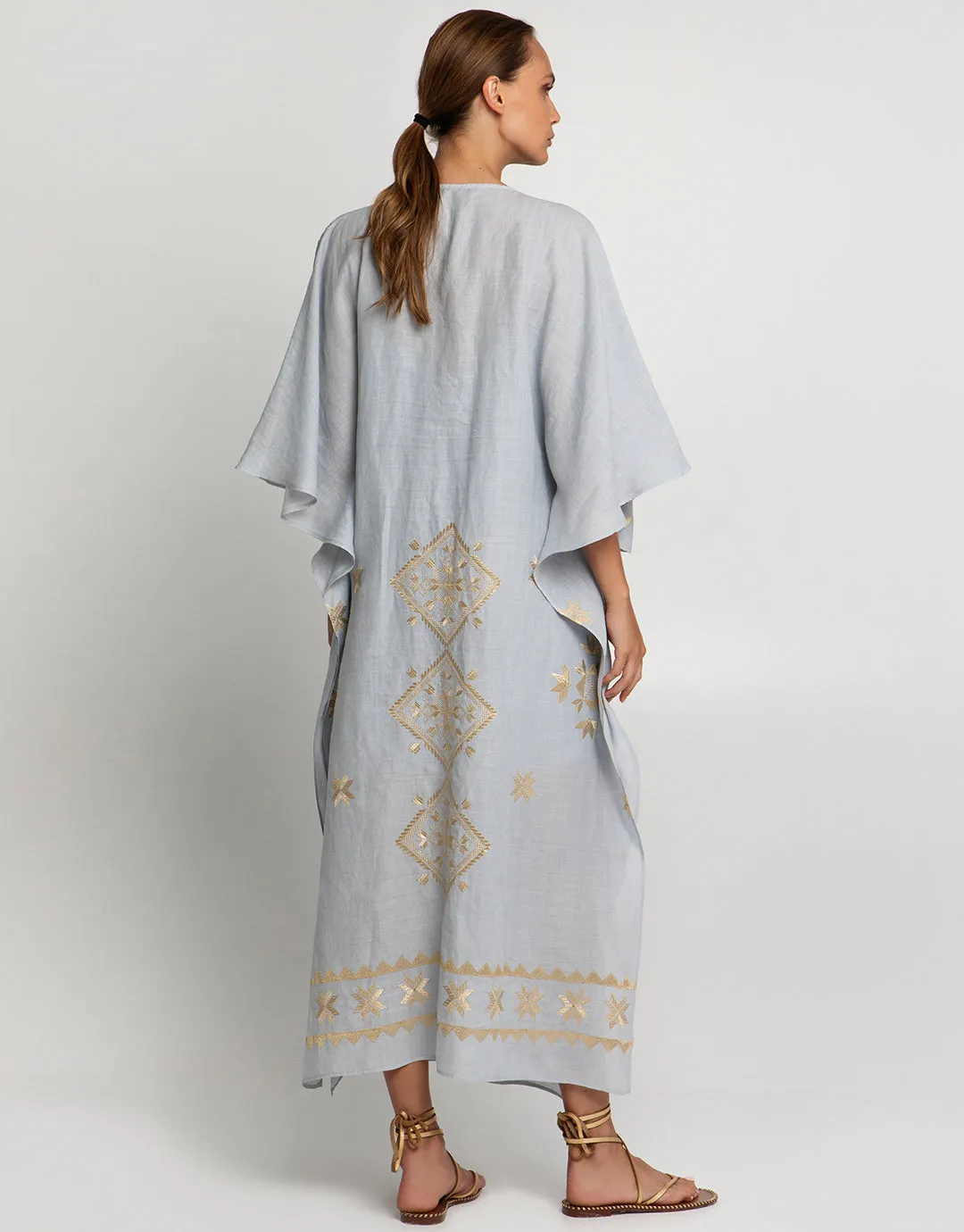Lefkada Kimono Sleeve Maxi Kaftan - Light Grey and Gold