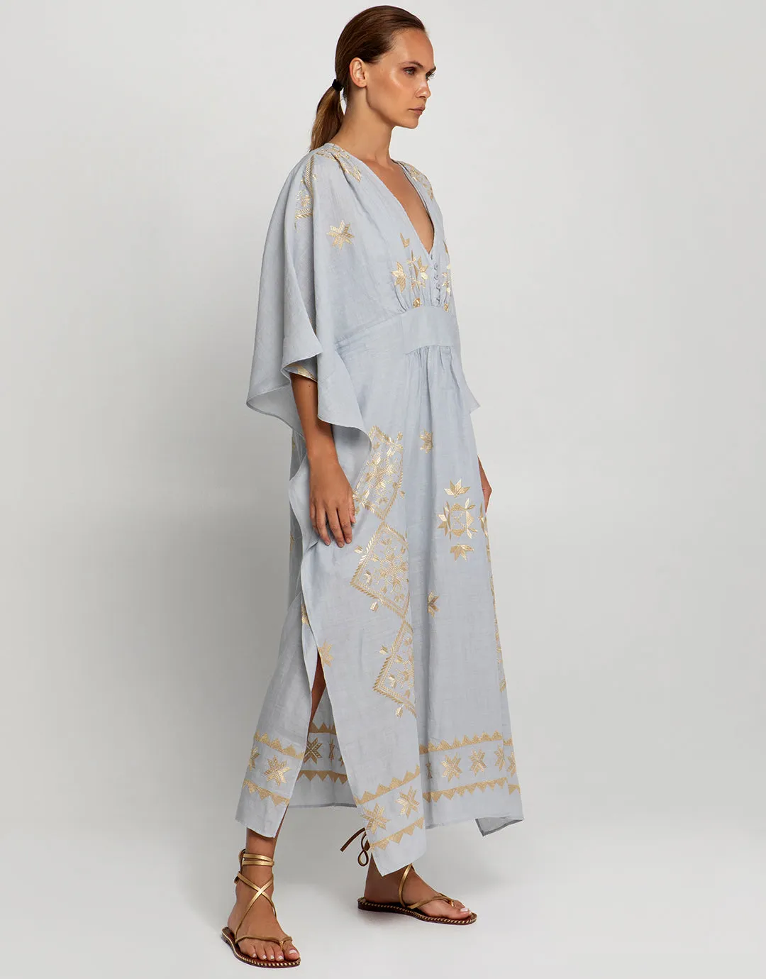 Lefkada Kimono Sleeve Maxi Kaftan - Light Grey and Gold