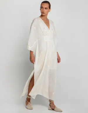 Lefkada Kimono Sleeve Maxi Kaftan - Natural and Champagne