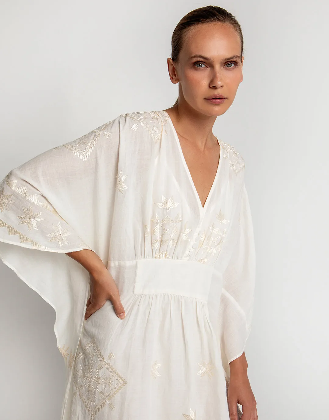 Lefkada Kimono Sleeve Maxi Kaftan - Natural and Champagne