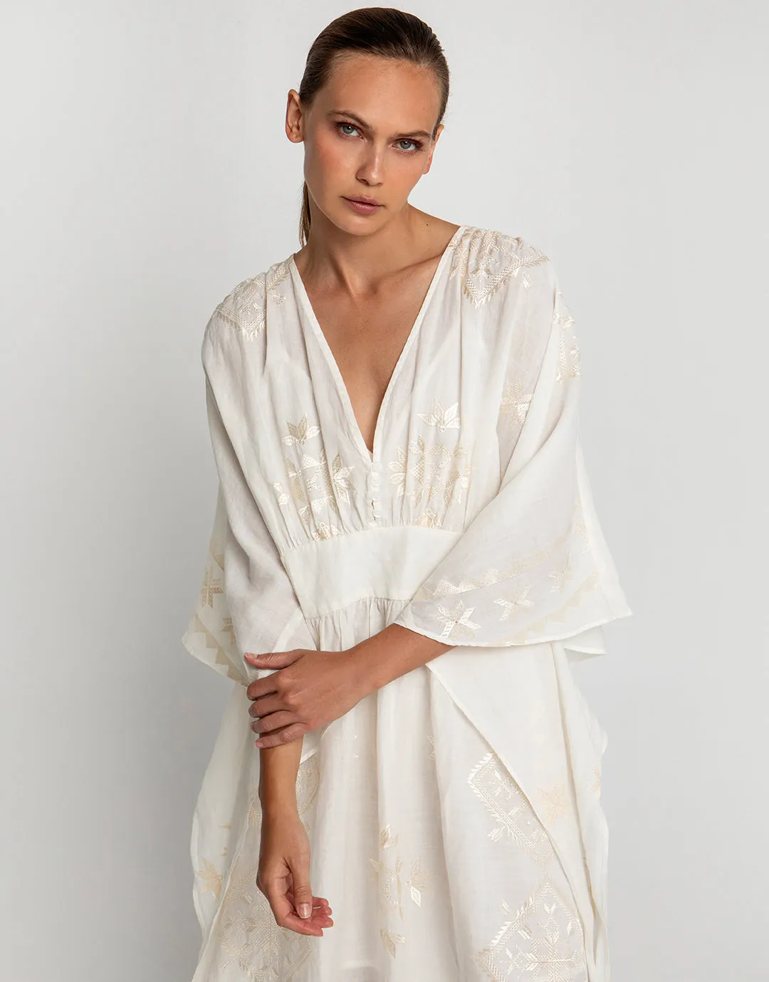 Lefkada Kimono Sleeve Maxi Kaftan - Natural and Champagne