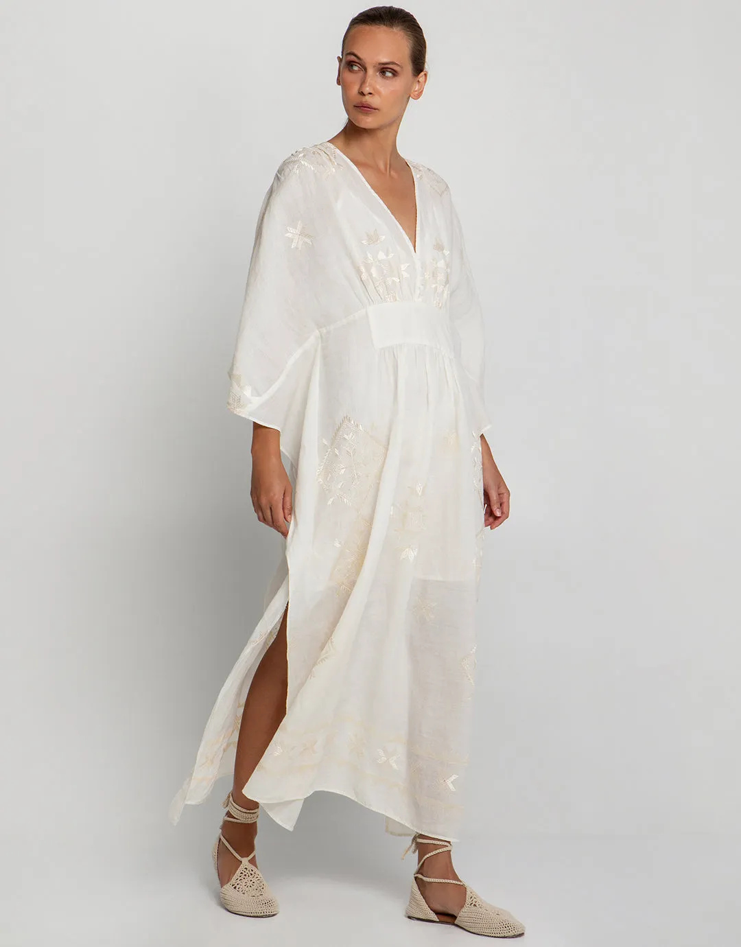 Lefkada Kimono Sleeve Maxi Kaftan - Natural and Champagne
