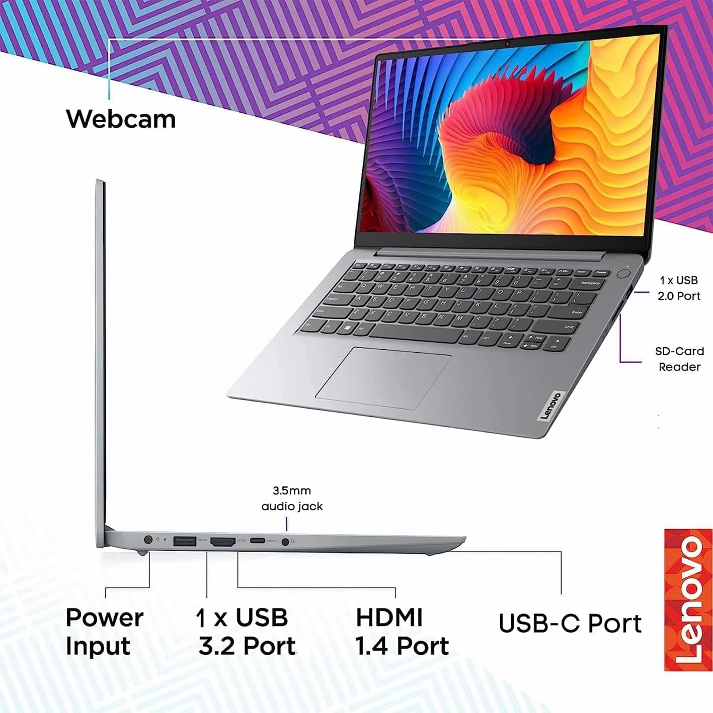 Lenovo Ideapad 1i 14 Laptop, Intel Celeron N4020 Processor, 4GB RAM, 64GB eMMC Flash Memory, Intel HD Graphics 500 - 128 GB - Silver