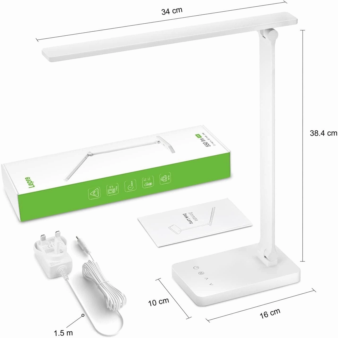 Lepro LED Desk Lamp - 9W Dimmable Eye-Caring Table Light, 5 Brightness x 3 Color Modes, Touch Control for Reading, Office, Bedside
