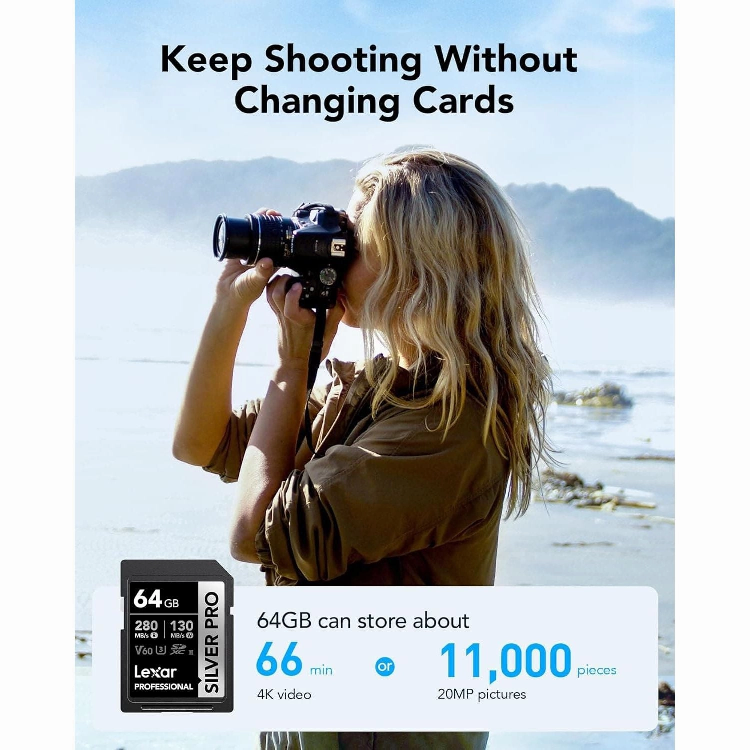 Lexar Silver Pro 64GB SD Card - UHS-II, V60, U3, C10, Up to 280MB/s Read Speed, SDXC for Professional Photographers & Videographers (LSDSIPR064G-BNNAA), Black